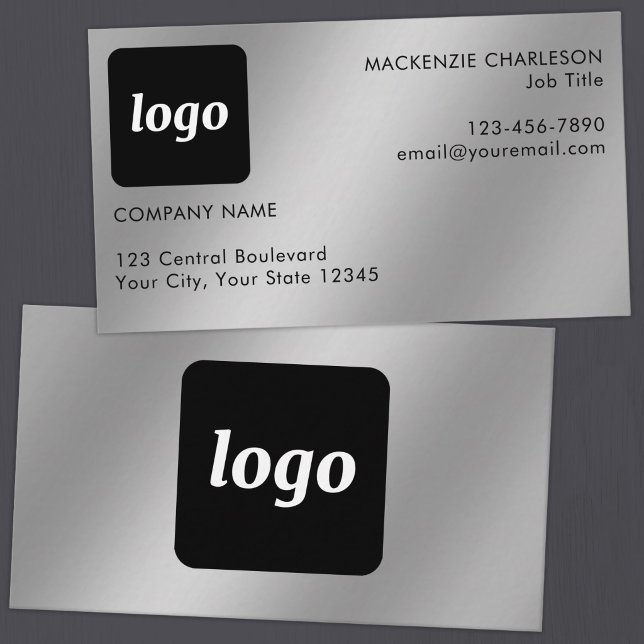 Enkel logotyp och text Silvereffekt Visitkort (Simple logo with custom text business branding promotional silver metallic finish business cards)