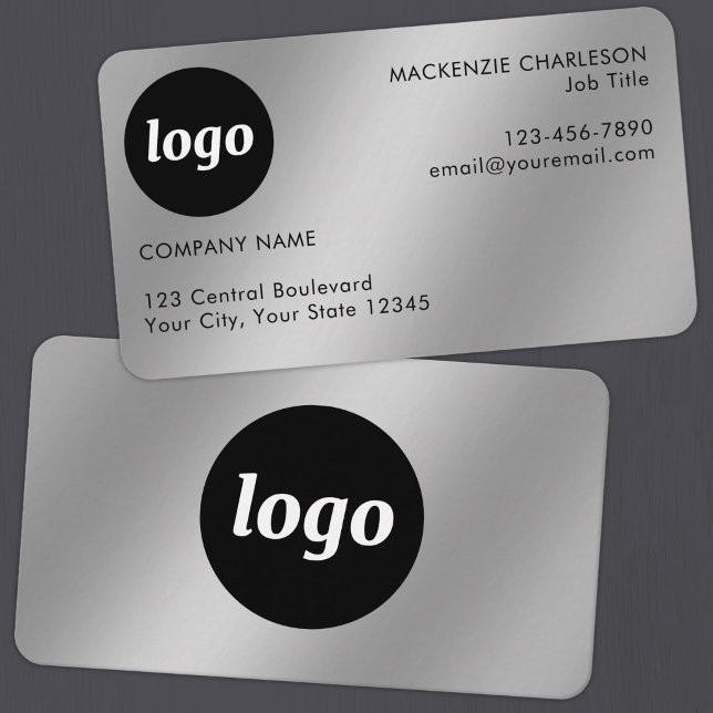 Enkel logotyp och text Silvereffekt Visitkort (Simple logo with custom text business branding promotional silver metallic effect business cards)