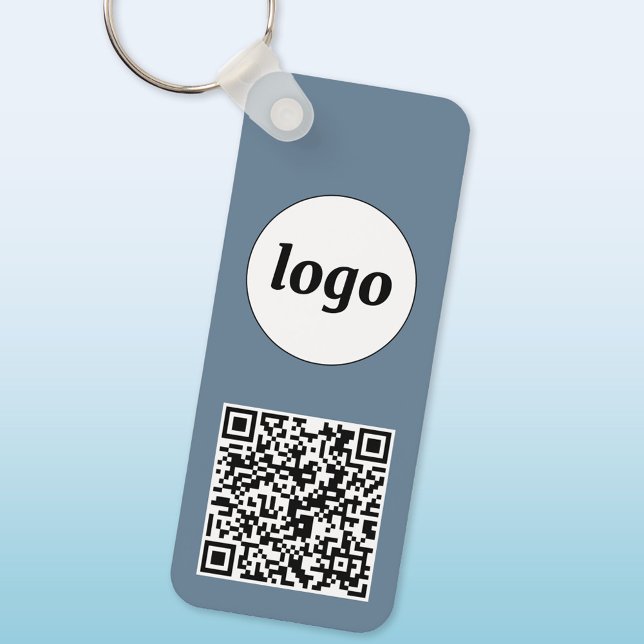 Enkel Logotyp QR-kod Business Dusty Blue Grått Nyckelring (Logo with QR code business promotional keychain keyring)