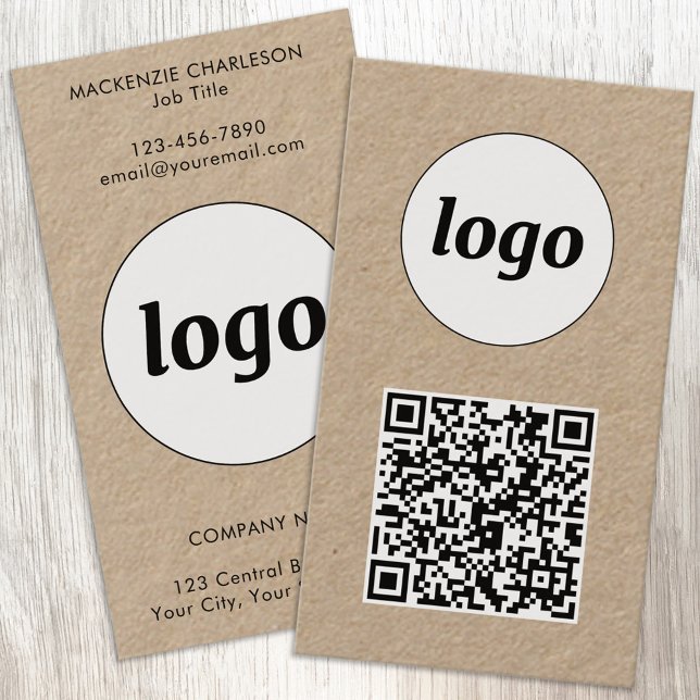 Enkel logotyp QR-kod i vertikal format Visitkort (Simple logo with custom text and QR code business branding promotional Kraft business cards)