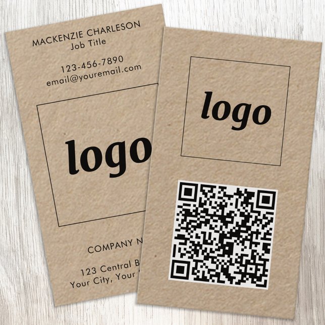 Enkel logotyp QR-kod i vertikal format Visitkort (Simple logo with custom text and QR code business branding promotional Kraft business cards)