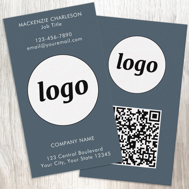 Enkel logotyp QR-kod Vertikal Kolgrå Visitkort (Simple logo with QR code custom text business branding promotional charcoal gray business card)