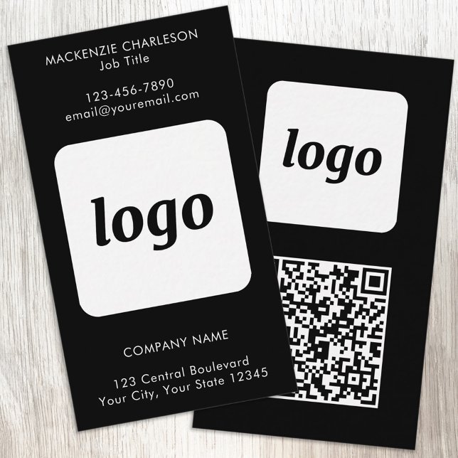 Enkel logotyp QR-kod Vertikal Svart Visitkort (Simple logo with custom text and QR code business branding promotional vertical black business cards)