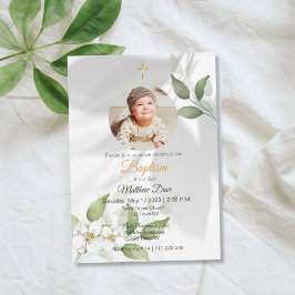 Enkel löv för Grönt med Photo Baptism-inbjudan Inbjudningar