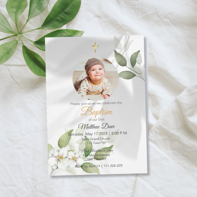 Enkel löv för Grönt med Photo Baptism-inbjudan Inbjudningar (Simple Green Leaves with photo Baptism Invitation)