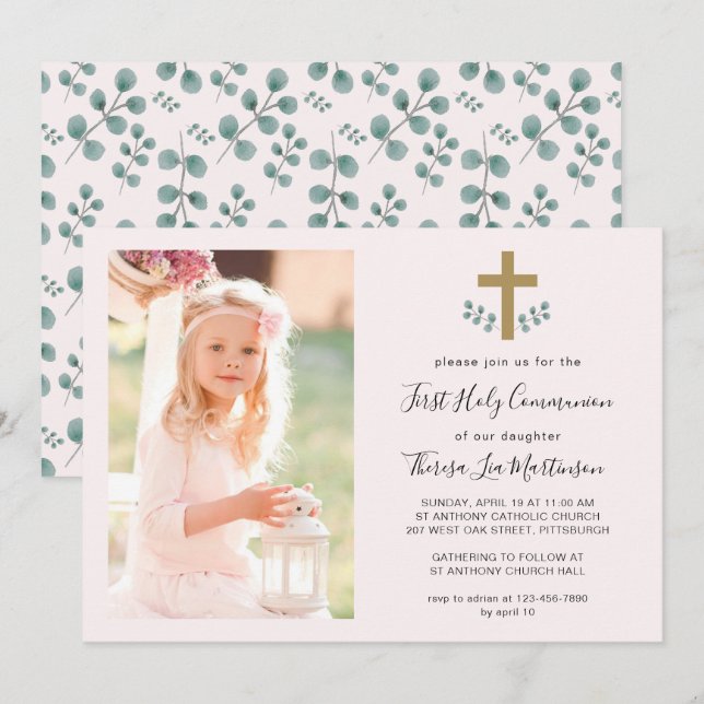 Enkel Löv med Kor Heliga Communion Photo Inbjudningar (Fram/baksida)