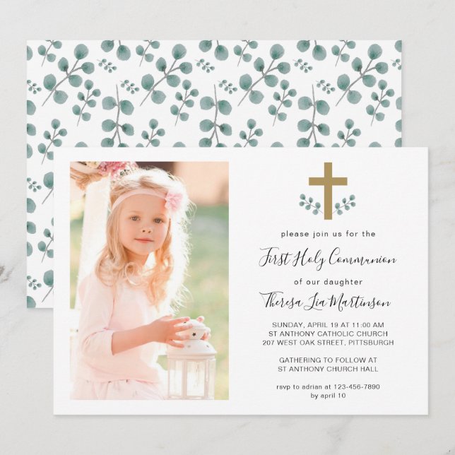 Enkel Löv med Kor Heliga Communion Photo Inbjudningar (Fram/baksida)
