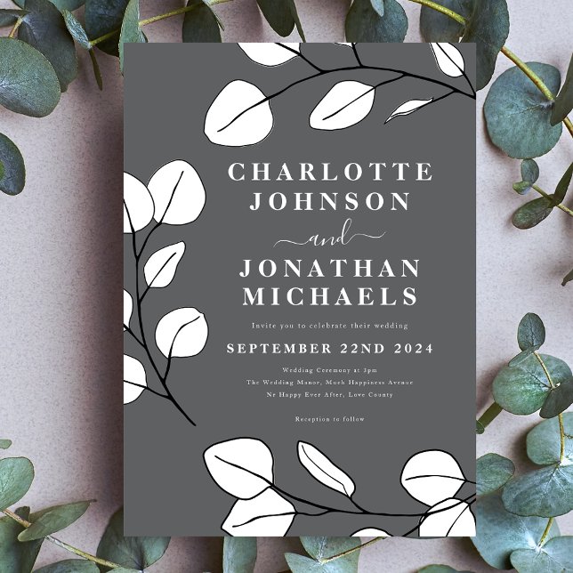 Enkel Löv Modern Snyggt Grått Inbjudningar (Simple leaves stylish modern gray black and white wedding invitation)