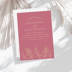 Enkel Magenta Rosa och Guld Löv Bröllop Inbjudningar