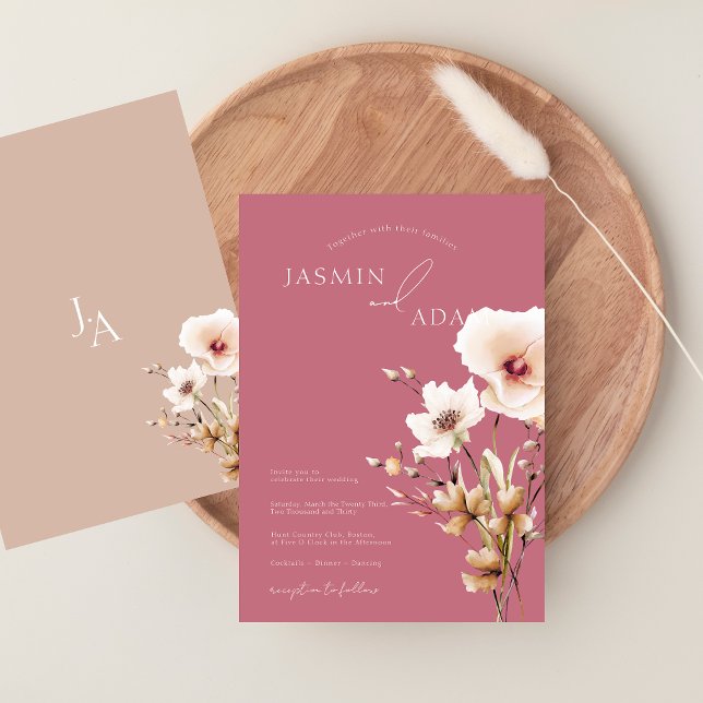 Enkel Magenta Rosa Vildblommor Blommig Bröllop Inbjudningar (Simple Magenta Pink Wildflowers Wedding Invitation)