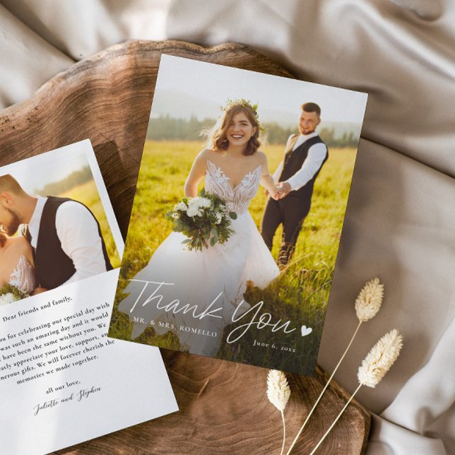Enkel manuskript med hjärta Foto Bröllop Tack Kort (Simple script with heart budget wedding photo thank you cards.)