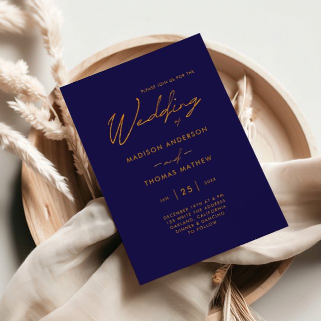Enkel marin blå Guld, modern typografi Bröllop Inbjudningar (Skapare uppladdad)