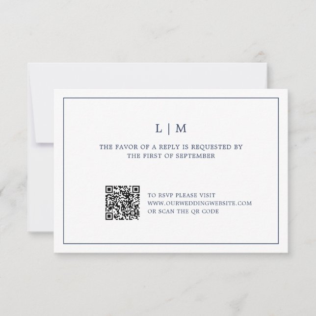 Enkel marin blå monogram QR-kod Elegant bröllop OSA Kort (Framsida)