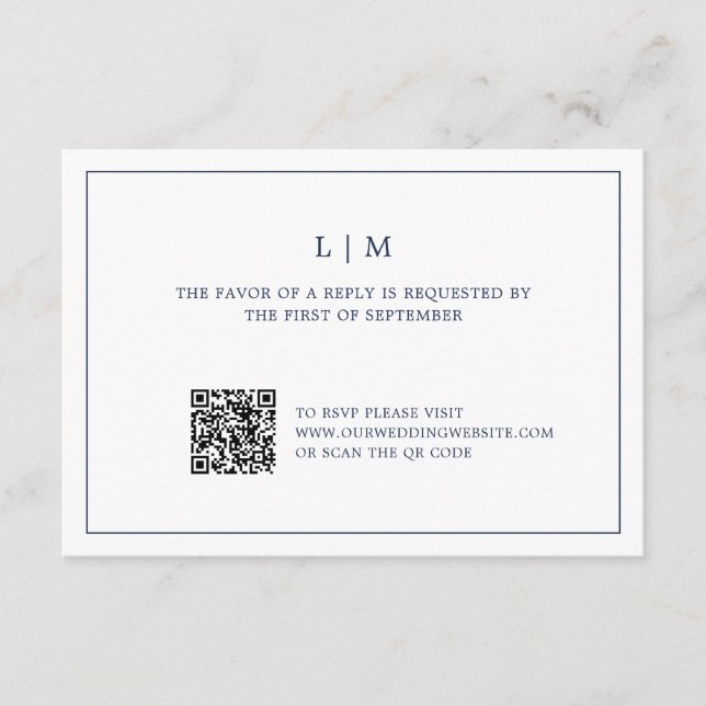 Enkel marin blå monogram QR-kod Elegant bröllop OSA Kort (Framsida)