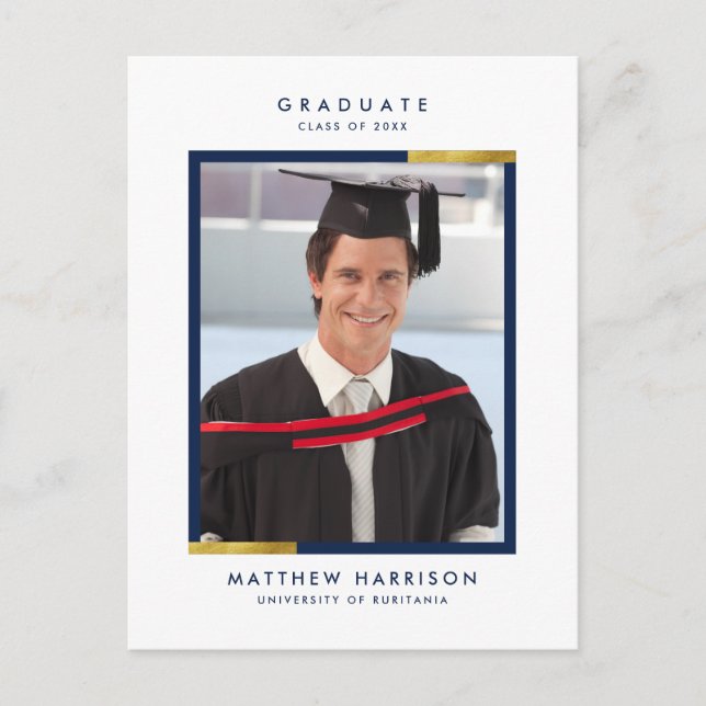 Enkel marin blå Studentfest och foto Guld Inbjudan Vykort (Framsida)