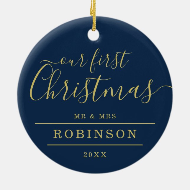 Enkel marin Bröllop i JULAFTON, foto, Guld Ram Julgransprydnad Keramik (Baksidan)