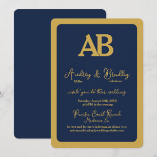 Enkel marin Guld 2 Brev Monogram Bröllop Inbjudningar