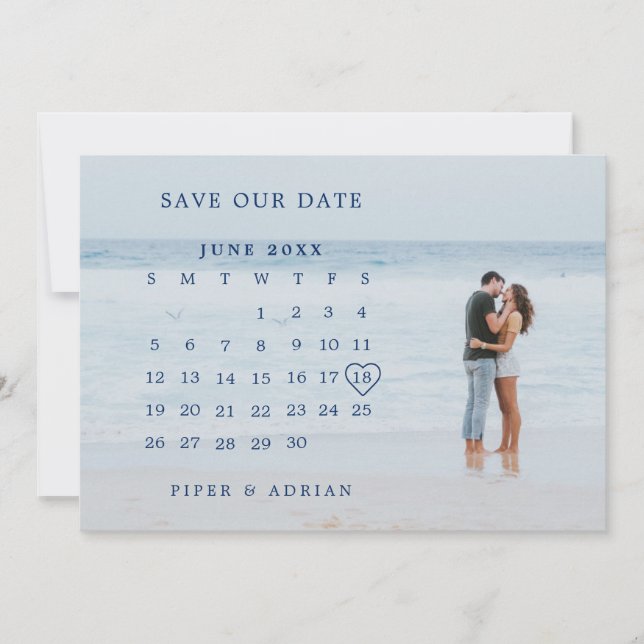 Enkel marinblå fotokalender bröllop spara datumet (Framsida)
