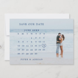 Enkel marinblå fotokalender bröllop spara datumet