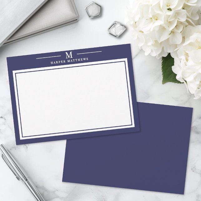 Enkel marinblå monogram papper anteckningskort (Simple Navy Blue Monogram Stationery Note Card)