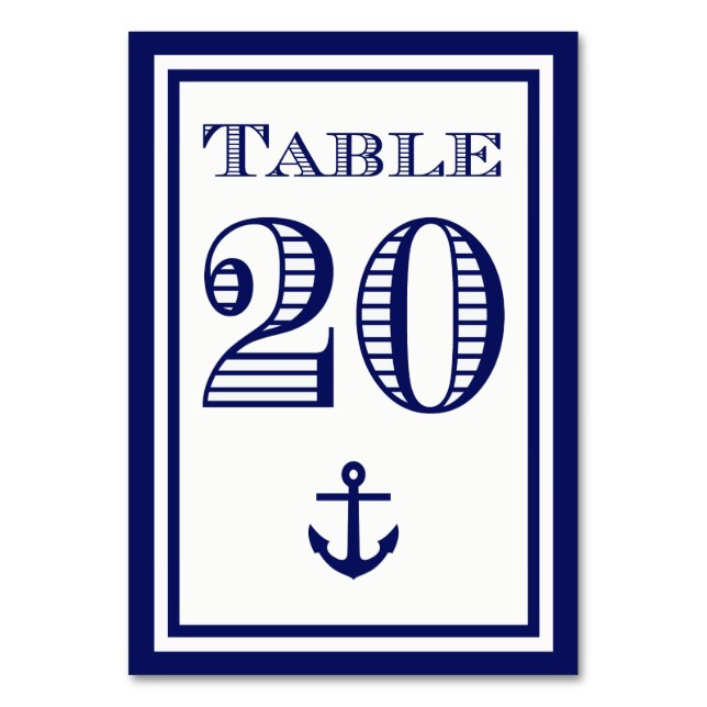 Enkel marinblå ramad ankarbordskort #20 bordsnummer (Framsidan)