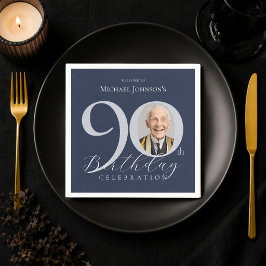 Enkel marinblå silverfoto 90-årsdag pappersservett