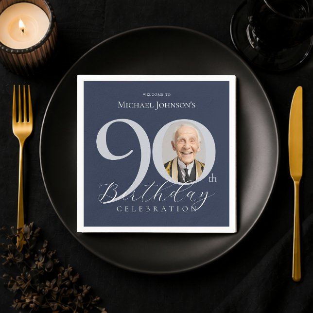 Enkel marinblå silverfoto 90-årsdag pappersservett (Simple Navy Blue Silver Photo 90th Birthday Napkins)