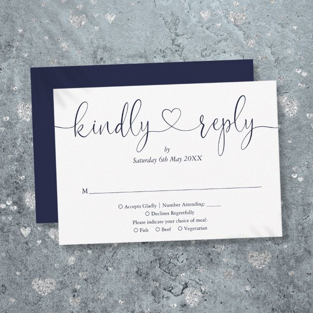 Enkel marinblå vit script hjärtlig svar (Simple Navy Blue White Script Heart Kindly Reply RSVP Card)