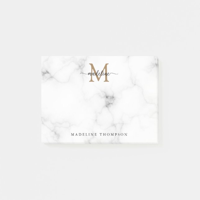 Enkel marmor guld flickaktig script monogram post-it block (Framsida)
