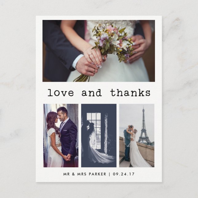 Enkel maskinskriven text Bröllop tack | 4 Foto Vykort (Framsida)