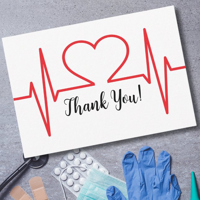 Enkel medicinsk tack kort (Red Heart Beat EKG Line Thank You Card)