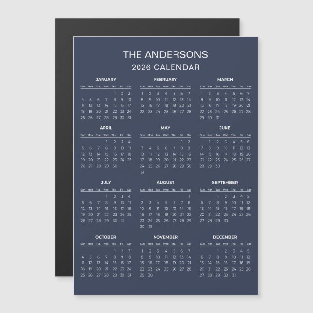 Enkel men elegant 2026-kalender | Magnet (Fram/baksida)