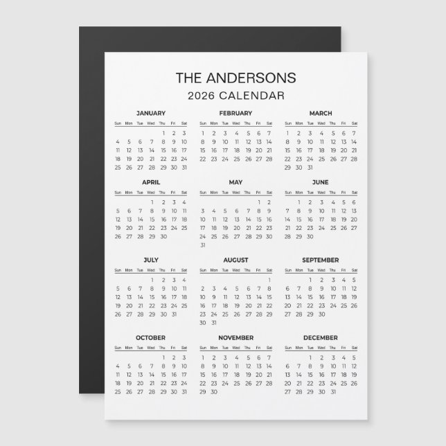 Enkel men elegant 2026-kalender | Magnet (Fram/baksida)