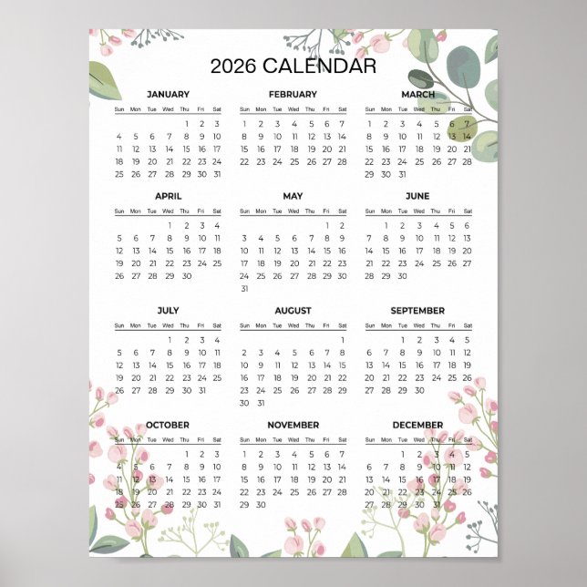 Enkel men elegant blomsterkalender 2026 |  poster (Framsidan)