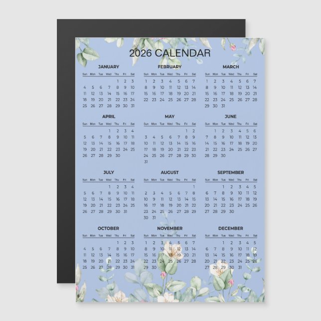 Enkel men elegant blomsterkalender för 2026 | Magn (Fram/baksida)