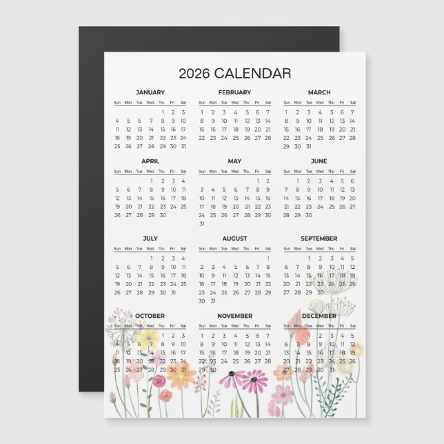 Enkel men elegant blomsterkalender för 2026 | Magn (Fram/baksida)