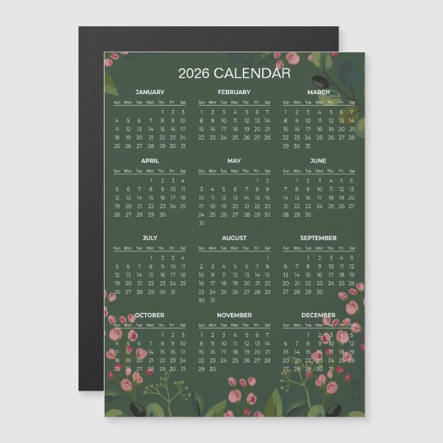 Enkel men elegant blomsterkalender för 2026 | Magn (Fram/baksida)