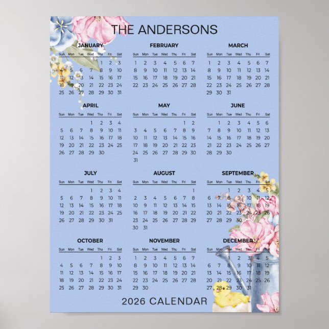 Enkel men elegant blomsterkalender för 2026 |  poster (Framsidan)