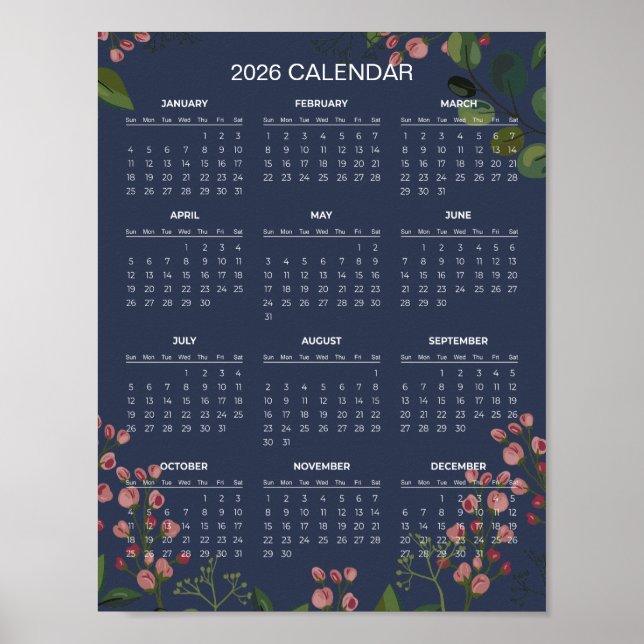 Enkel men elegant blomsterkalender för 2026 |  poster (Framsidan)