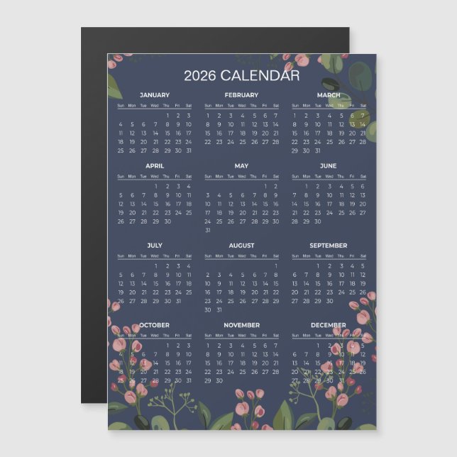 Enkel men elegant blomsterram kalender 2026 | Magn (Fram/baksida)