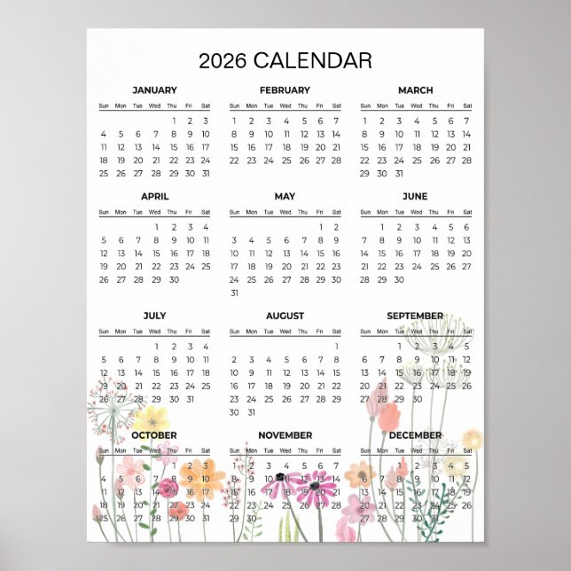 Enkel men elegant blomsterram kalender för 2026 |  poster (Framsidan)