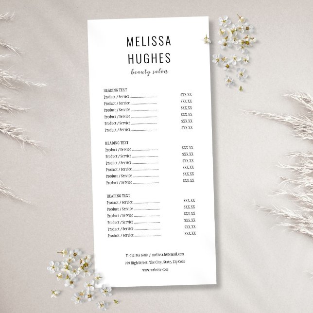 Enkel meny för Modern Black and White Salon Servic (Simple Modern Black and White Salon Service Menu)