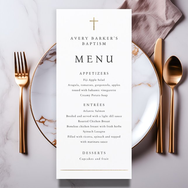 Enkel meny med minimal baptism i Guld Kor (Simple Minimalist Gold Cross Baptism Menu.)