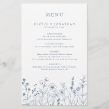 Enkel meny med minimalistisk blå Wildblomma Bröllo
