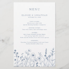 Enkel meny med minimalistisk blå Wildblomma Bröllo