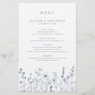 Enkel meny med minimalistisk blå Wildblomma Bröllo
