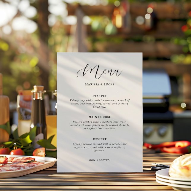 Enkel meny med minimalistisk svartvitt och vit Brö (simple modern minimalist black and white wedding menu elegant stylish script)