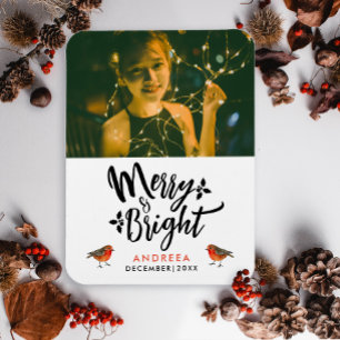 Enkel Merry And Bright Jul Rödhake Foto Typo Magnet