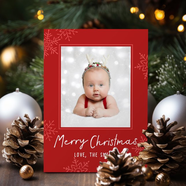 Enkel Merry Christmas Script Snöflingor Foto Julkort (Simple Merry Christmas Script Snowflakes Photo Holiday Card)