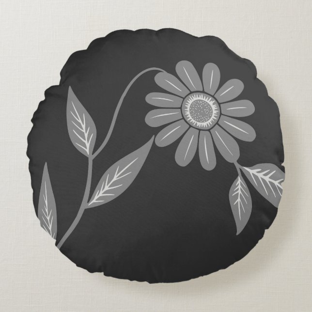 Enkel Mid Century Daisy Kolgrå Rund Kudde (Framsidan)